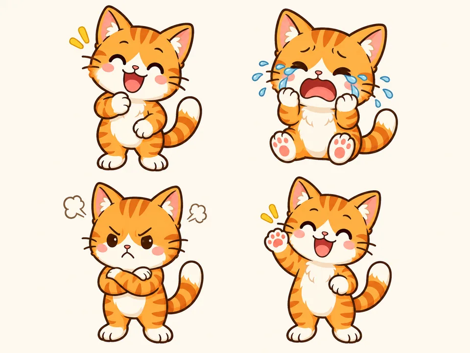 套用同角色表情延伸指令後生成的四款橘色虎斑貓表情貼圖